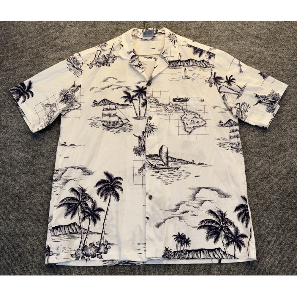 Royal Creations Hawaiian Aloha Shirt Men's L White Navy Made in Hawaii